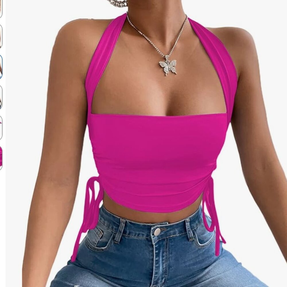 Nwt Women's Halter Crop Top Sleeveless Tie Back Drawstring Side Cami Tops